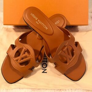 Louis Vuitton Tan Leather LV Cutout Slide Sandals